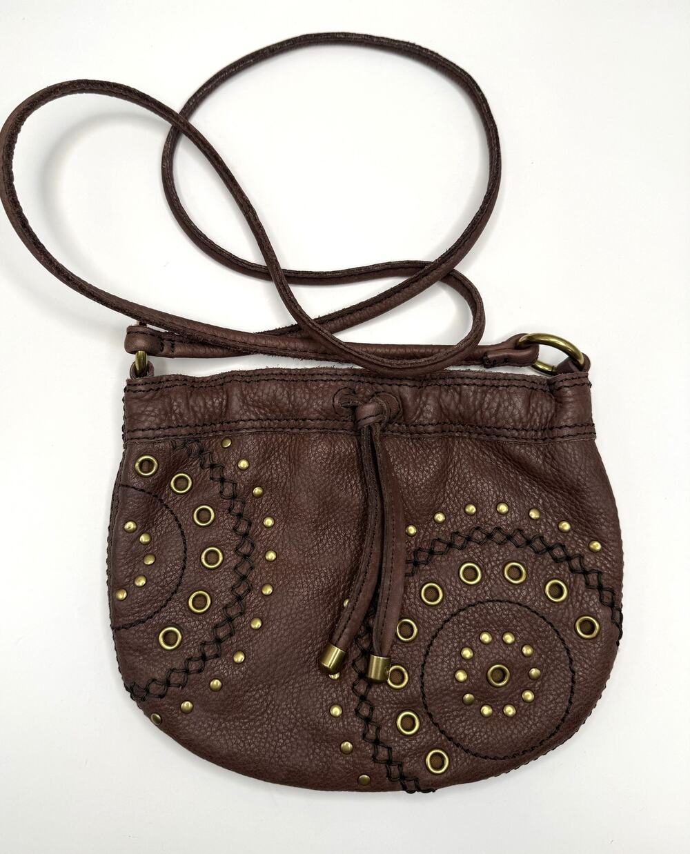 FOSSIL Brown Pebbled Leather Studded Drawstring Crossbody Bag